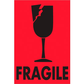 Labels with "Fragile-Glass" Print, 3"L x 2"W, Fluorescent Red, Roll of 500