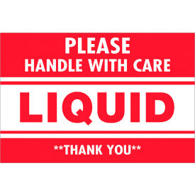 Labels w/ "Please Handle With Care-Liquid" Print, 3"L x 2"W, Red/White, Roll of 500