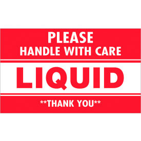 Tape Logic Labels with "Please Handle With Care-Liquid" Print, 5"L x 3"W, Red/White, 500 count