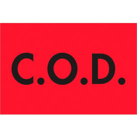 Labels with "C.O.D." Print, 3"L x 2"W, Fluorescent Red, Roll of 500