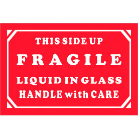 Labels with "Fragile-Liquid In Glass..." Print, 3"L x 2"W, Red/White, Roll of 500