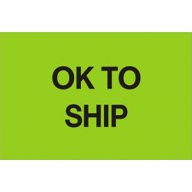 Paper Labels with "OK To Ship" Print, 3"L x 2"W, Fluorescent Green, Roll of 500