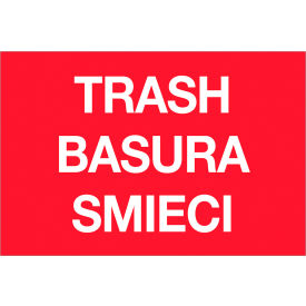 Rectangular Labels with "Trash/Basura/Smieci" Print, 3"L x 2"W, Red, Roll of 500