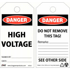 "High Voltage" Text Lockout Tags, 3"W x 1/2"D x 5-11/16"H, Red/Black/White, Pack of 10