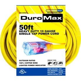 Heavy Duty Single Tap Extension Power Cord, SJTW, 10 Gauge, 15A, 120V, 50'L, Yellow