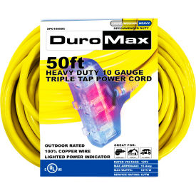 Heavy Duty Triple Tap Extension Power Cord, SJTW, 10 Gauge, 15A, 120V, 50'L, Yellow