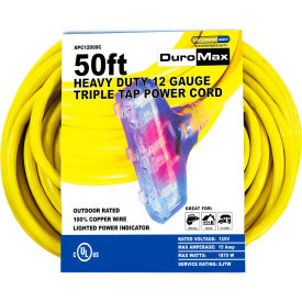 Heavy Duty Triple Tap Extension Power Cord, SJTW, 12 Gauge, 15A, 120V, 50'L, Yellow