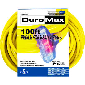 Heavy Duty Triple Tap Extension Power Cord, SJTW, 10 Gauge, 15A, 120V, 100'L, Yellow