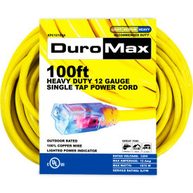 Heavy Duty Single Tap Extension Power Cord, SJTW, 12 Gauge, 15A, 120V, 100'L, Yellow