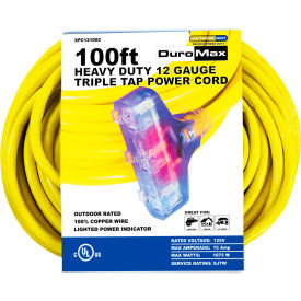 Heavy Duty Triple Tap Extension Power Cord, SJTW, 12 Gauge, 15A, 120V, 100'L, Yellow