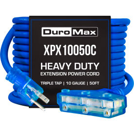Heavy Duty Triple Tap Extension Power Cord, 10 Gauge, 15A, 120V, 50'L, Blue