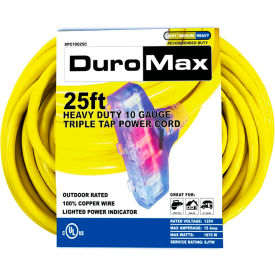 Heavy Duty Triple Tap Extension Power Cord, SJTW, 10 Gauge, 15A, 120V, 25'L, Yellow