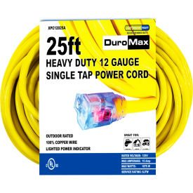 Heavy Duty Single Tap Extension Power Cord, SJTW, 12 Gauge, 15A, 120V, 25'L, Yellow