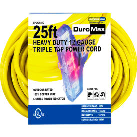 Heavy Duty Triple Tap Extension Power Cord, SJTW, 12 Gauge, 15A, 120V, 25'L, Yellow