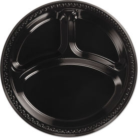 3-Compartment Heavyweight Plastic Plates, 10-1/4" Dia., Black, 125/Pack, 4 Packs/Carton