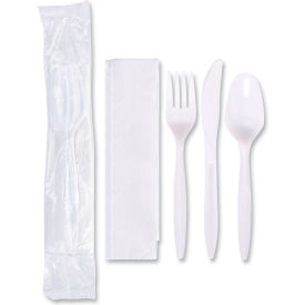 Economy Cutlery Kit, Fork/Knife/Spoon/Napkin, Polypropylene, White, 250/Carton