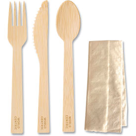 Mediumweight Cutlery Kit, Knife/Fork/Spoon/Napkin, Bamboo, Natural, 250/Carton