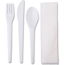Plantware Compostable Cutlery Kit, Knife/Fork/Spoon/Napkin, Pearl White, 250/Case