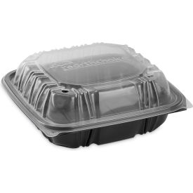Microwavable Hinged Lid Container, 28 oz. Cap., Black/Clear, 150/Carton