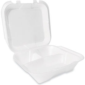 3-Compartment Hinged Lid Container, Secure Two Tab Latch, White, 100/Bag, 2 Bags/Carton