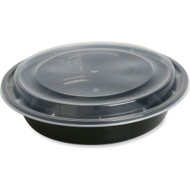 Microwavable Food Container with Lid, 48 oz. Cap, 8-7/8" Dia. x 2-1/4"H, Black/Clear, 150/Carton