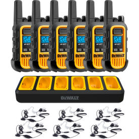 Heavy-Duty Jobsite FRS Walkie Talkie w/ Gang Charger & Headsets, 1 Watt, Yellow/Black, 6/Pack
