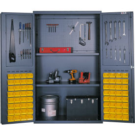 Flush Door Pegboard Storage Cabinet, 64 Bins, All-Welded, 48"W x 24"D x 78"H, Gray