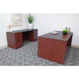 Office Desk & Credenza with Double Pedestal Drawer Unit, 66"W x 84"D x 29-1/2"H, Mahogany