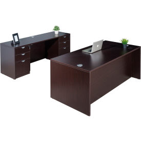 Office Desk & Credenza with Double Pedestal Drawer Unit, 66"W x 84"D x 29-1/2"H, Mocha