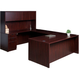 Executive U-Shaped Desk with Single Pedestal Drawer Unit, 108"W x 71"D x 65-1/2"H, Mahogany