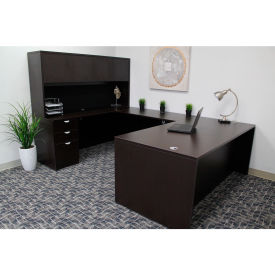 Executive U-Shaped Desk with Single Pedestal Drawer Unit, 96"W x 66"D x 65-1/2"H, Mocha