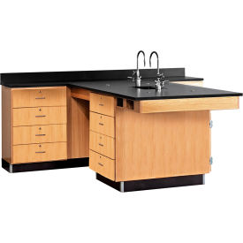 Kinetic Perimeter Workstation, Epoxy Top & 8 Drawers, 90"L x 84"W x 36"H, Red Oak