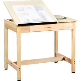 Draftsman Drawing Table, Flat Fixed Top & Drawer, 36"L x 24"W x 30"H, Almond Top