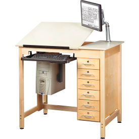 Drawing Table with 6-Drawers, 42"L x 30"W x 39-3/4"H, Almond Top
