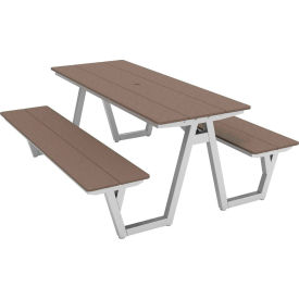 Centra 72" Indoor/Outdoor Picnic Table, Weathered Wood Polywood, Silver Frame