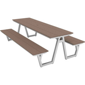 Centra 96" Indoor/Outdoor Picnic Table, Weathered Wood Polywood, Silver Frame