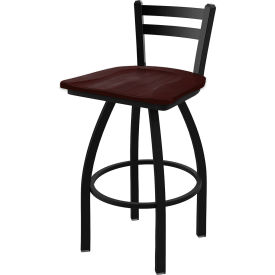 30" Low Back Swivel Bar Stool, Dark Cherry Maple Seat, Black Finish