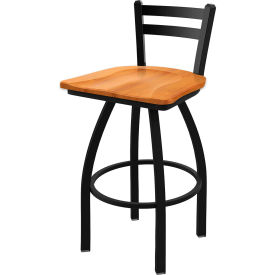 30" Low Back Swivel Bar Stool, Medium Maple Seat, Black Wrinkle Finish