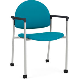 Lesro Chat Guest Chair with Casters, Silver Frame, Onyx Black Armrests, Waterfall Fabric
