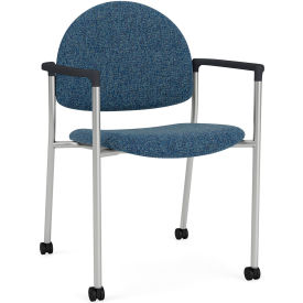 Lesro Chat Guest Chair with Casters, Silver Frame, Onyx Black Armrests, Connelly Blue Jay Fabric