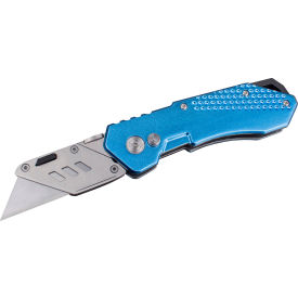 Folding Utility Knife with Aluminum Handle, Button Lock, Blue