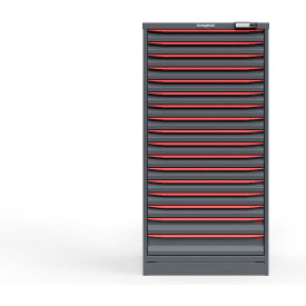 Strong Hold Modular Drawer Cabinet, 17 Drawers, 45 Compartments, 30"W x 29"D x 60"H, Red/Gray, Electric Lock