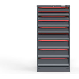 Strong Hold Modular Drawer Cabinet, 9 Drawers, 150 Comp., 30"W x 29"D x 60"H, Red/Gray, Elec. Lock