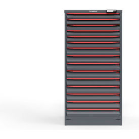 Strong Hold Modular Drawer Cabinet, 15 Drawers, 225 Comp., 30"W x 29"D x 60"H, Red/Gray, Elec. Lock