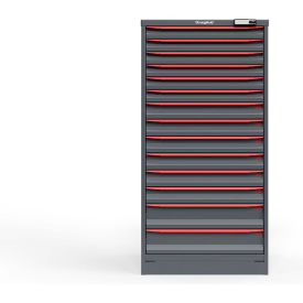 Strong Hold Modular Drawer Cabinet, 14 Drawers, 182 Comp., 30"W x 29"D x 60"H, Red/Gray, Elec. Lock