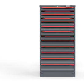 Strong Hold Modular Drawer Cabinet, 13 Drawers, 196 Comp., 30"W x 29"D x 60"H, Red/Gray, Elec. Lock