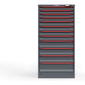 Strong Hold Modular Drawer Cabinet, 12 Drawers, 157 Compartments, 30"W x 29"D x 60"H, Red/Gray, Elec. Lock