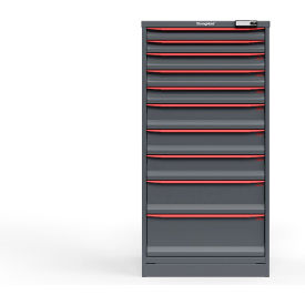 Strong Hold Modular Drawer Cabinet, 10 Drawers, 136 Compartments, 30"W x 29"D x 60"H, Red/Gray, Electronic Lock