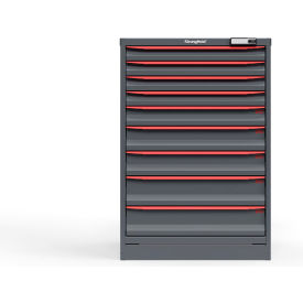 Strong Hold Modular Drawer Cabinet, 9 Drawers, 97 Comp., 30"W x 29"D x 44"H, Red/Gray, Elec. Lock