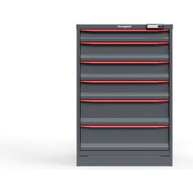 Strong Hold Modular Drawer Cabinet, 6 Drawers, 91 Compartments, 30"W x 29"D x 44"H, Red/Gray, Electric Lock
